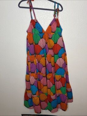 Karavan Multi Color Sea Shells Tiered Midi Dress with Pockets One Size